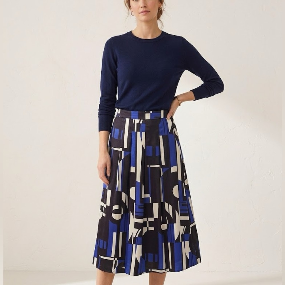 LAUREN RALPH LAUREN Blue Black & White Geometric Silk Pleated Skirt- Size 2